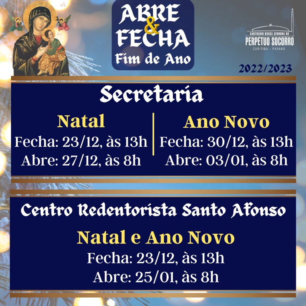 Confira: Horários de funcionamento da secretaria e do Centro Redentorista Santo Afonso durante as festas de Natal e Ano Novo 10 d4ec1bbaa9a0aca5ce693f6a1275011e